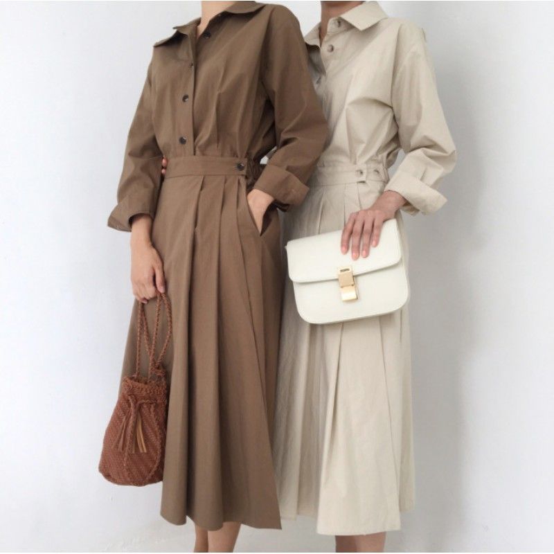 Early autumn women's new 2019 Korean chic style celebrity temperament waist gathering show thin Pleated Dress

