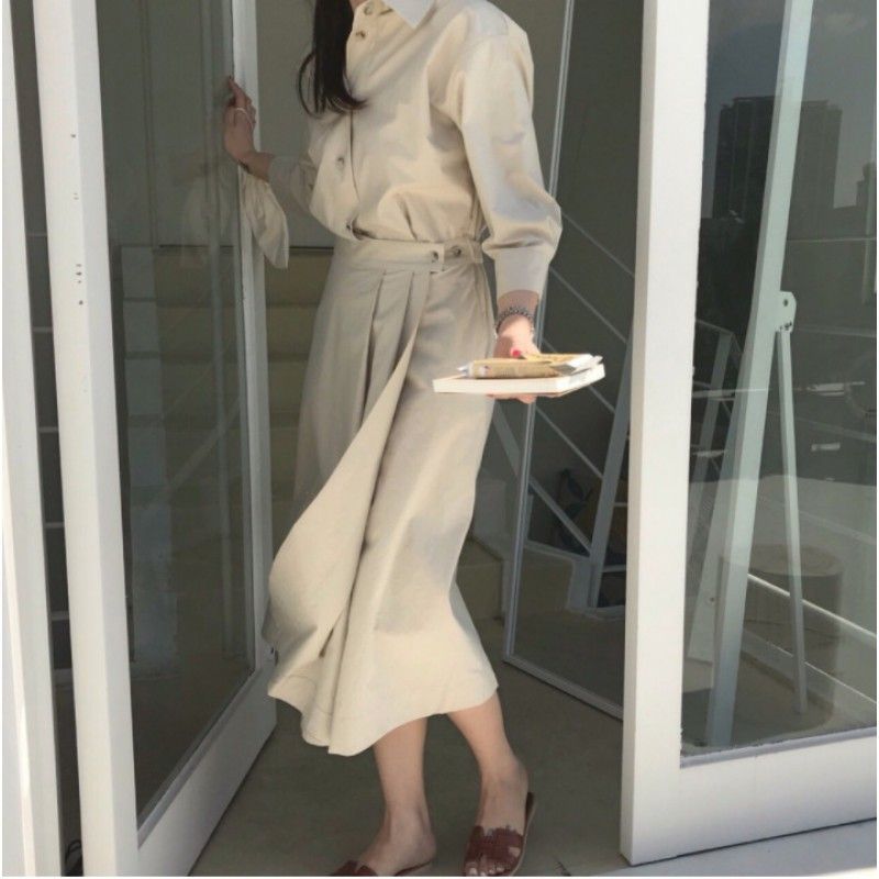 Early autumn women's new 2019 Korean chic style celebrity temperament waist gathering show thin Pleated Dress

