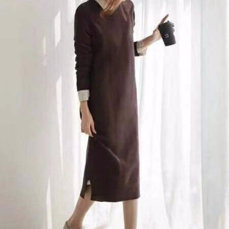 Spot languid women's winter South Korea loose and slender wool dress knee over sleeve bottomed knitted dress
