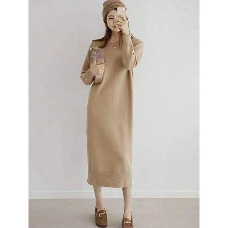 Spot languid women's winter South Korea loose and slender wool dress knee over sleeve bottomed knitted dress
