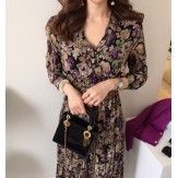 Cross border source 2020 east gate of Korea chic early spring V-neck pleated high waist thin Floral Dress
