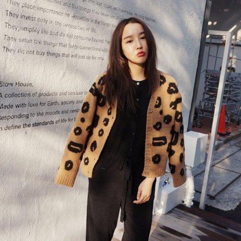 South Korea east gate spring and autumn 2020 women's Korean version of versatile V-neck net red leopard knitted cardigan sweater coat
