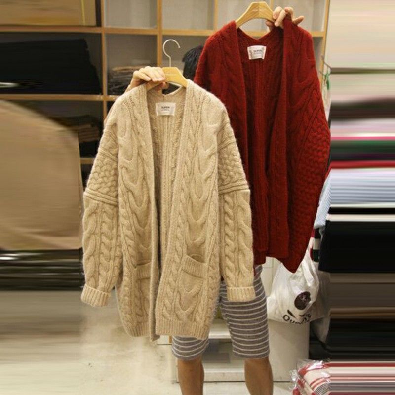 South Korea 2020 autumn and winter new women's clothing Korean loose net red medium long thick thread sweater coat wholesale

