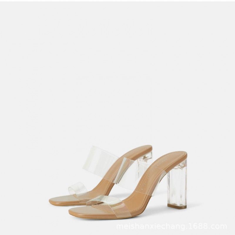 2020 summer net red one word with transparent belt super high heel sandals women's thick heel crystal heel sexy sandals
