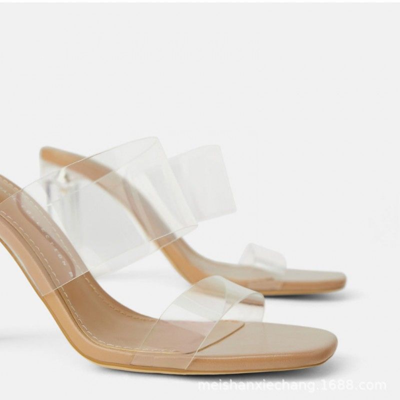 2020 summer net red one word with transparent belt super high heel sandals women's thick heel crystal heel sexy sandals
