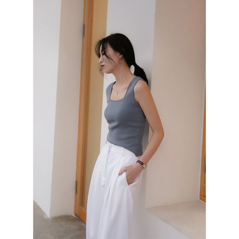 Early spring 2020 new women's sling solid slim square neck short Korean version with knitted vest