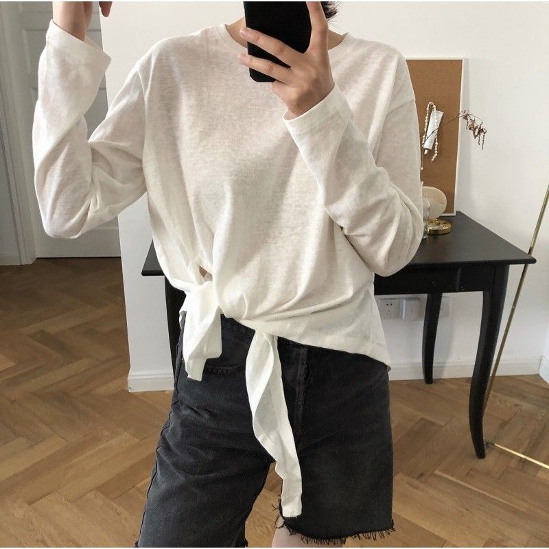 Louvre early autumn new Korean chic solid round neck knot T-shirt irregular long sleeve casual versatile top for women