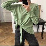 Louvre early autumn new Korean chic solid round neck knot T-shirt irregular long sleeve casual versatile top for women