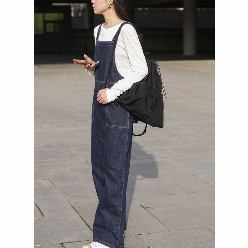 Spring 2020 New Retro all-around wash denim belt pants women's Korean version loose high waist straight tube Jumpsuit