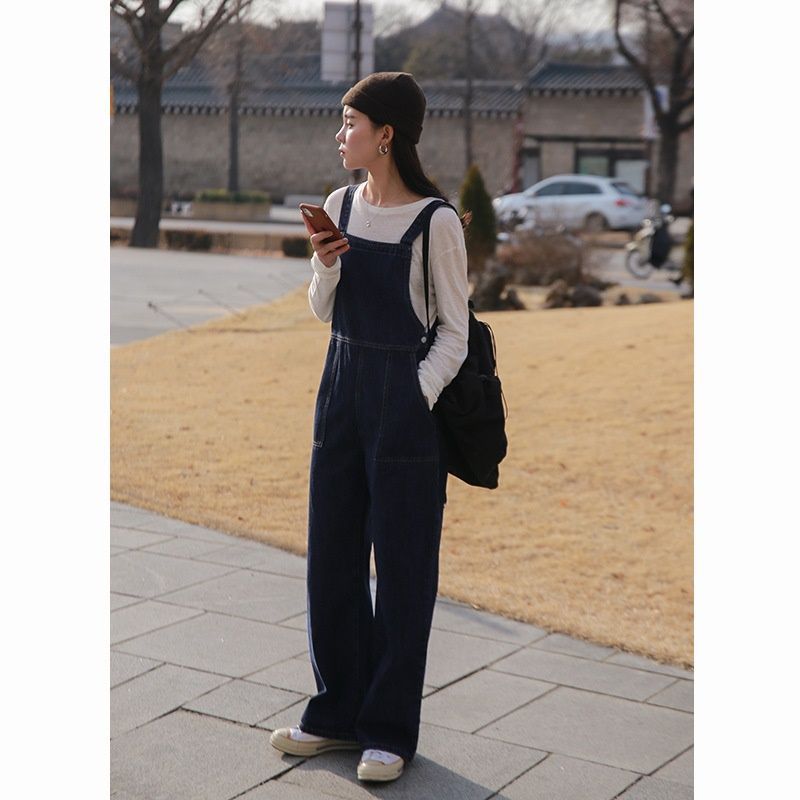Spring 2020 New Retro all-around wash denim belt pants women's Korean version loose high waist straight tube Jumpsuit