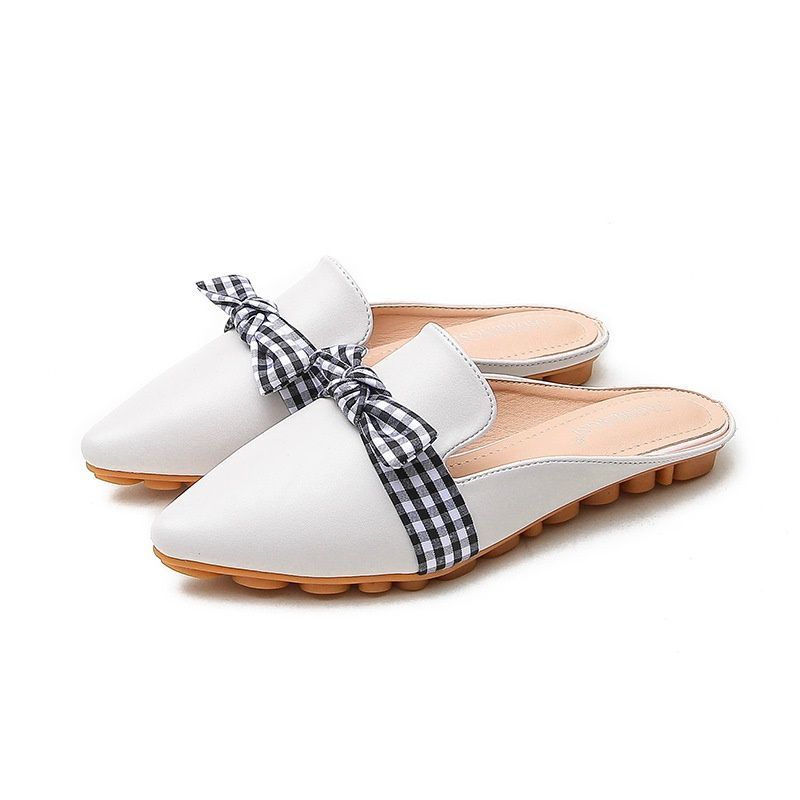 2020 new Korean large slippers women's summer fashion Plaid Bow Muller shoes women's pointed flat sole shoes