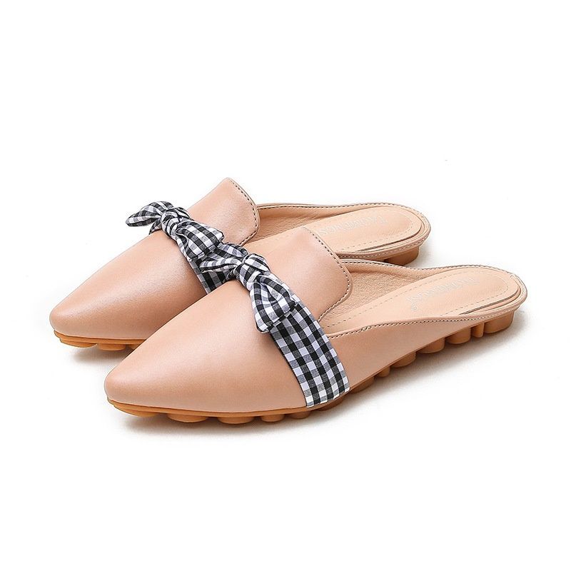 2020 new Korean large slippers women's summer fashion Plaid Bow Muller shoes women's pointed flat sole shoes