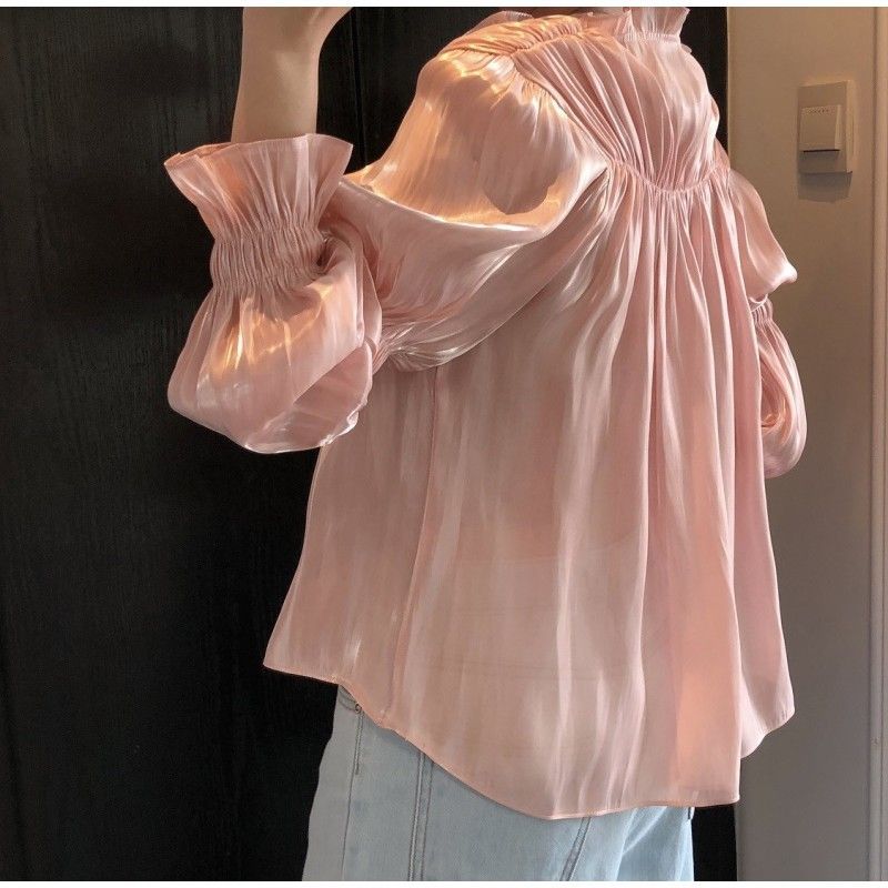 Spring new palace gentle mercerized pleated shirt with thin drape, all kinds of satin baby clothes, long sleeve blouse, female