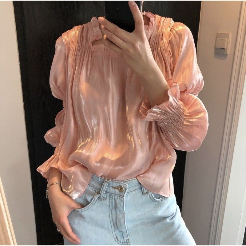 Spring new palace gentle mercerized pleated shirt with thin drape, all kinds of satin baby clothes, long sleeve blouse, female
