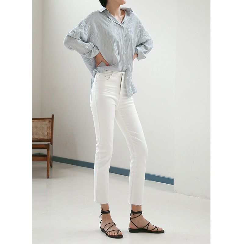 Mulan 2020 spring women's new Korean women's jeans fashion temperament raw straight trousers wholesale 7790