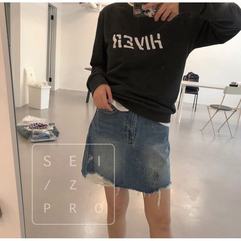 Slim high waisted denim skirt 2019 new summer South Korea hole denim skirt A-line skirt hole skirt burr women