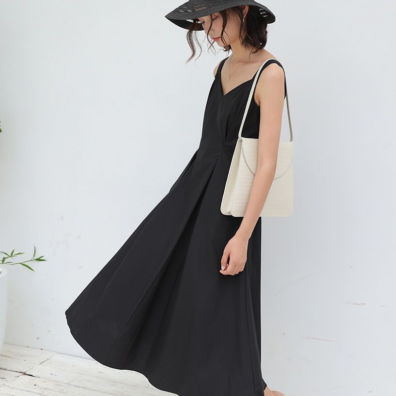 2020 summer new women's Korean dress women's solid V-neck suspender skirt temperament A-line skirt medium length skirt 3301