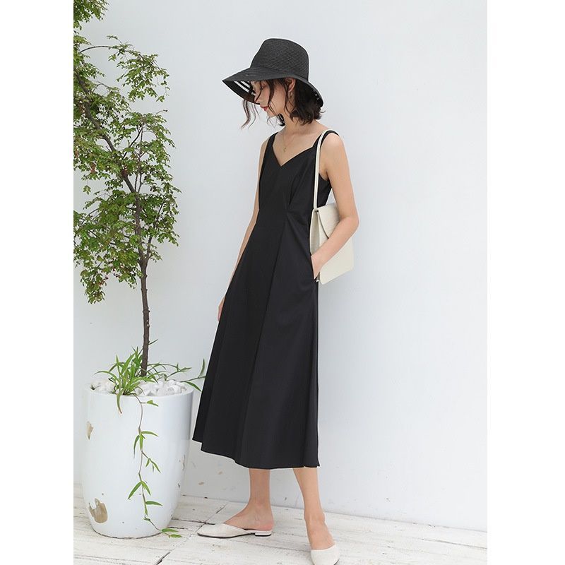 2020 summer new women's Korean dress women's solid V-neck suspender skirt temperament A-line skirt medium length skirt 3301