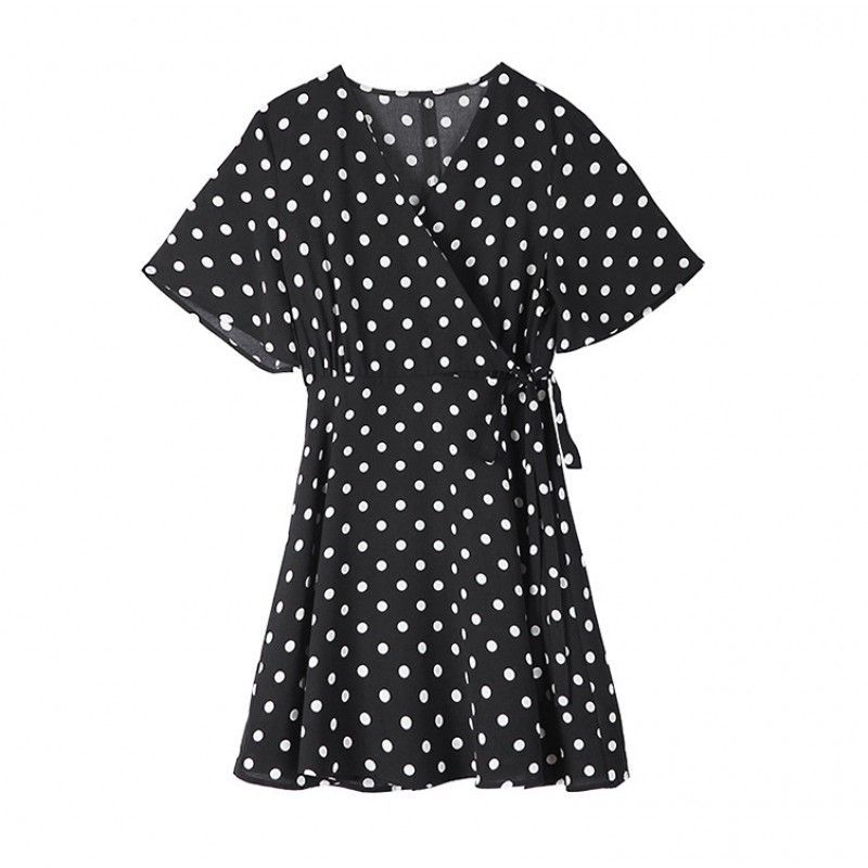 Korean polka dot dress women 2020 summer new Chiffon V-neck short sleeve skirt medium skirt fashion A-line skirt 3519