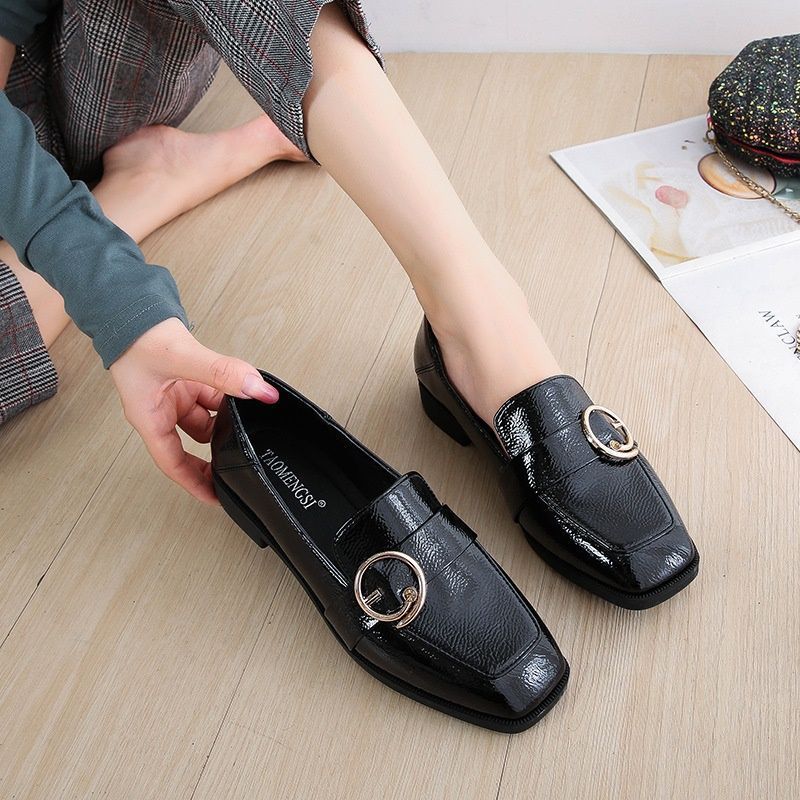 2020 spring new Lefu shoes women's British style black working shoes belt buckle flat sole single shoes large women's shoes