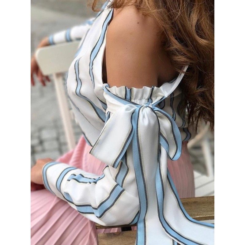 EBay Amazon 2018 cross border Europe and the United States hit all kinds of off shoulder Stripe Tie Shirt women's two colors
