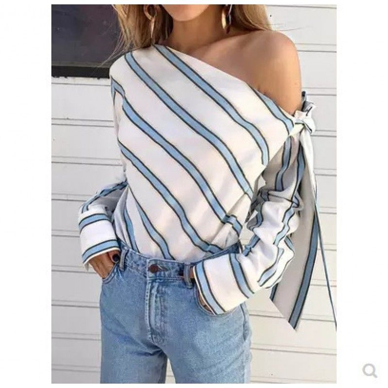 EBay Amazon 2018 cross border Europe and the United States hit all kinds of off shoulder Stripe Tie Shirt women's two colors