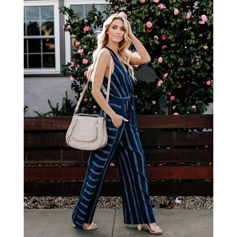 EBay express cross-border Europe and the United States spring and summer 2019 popular striped sexy V-neck one-piece pants