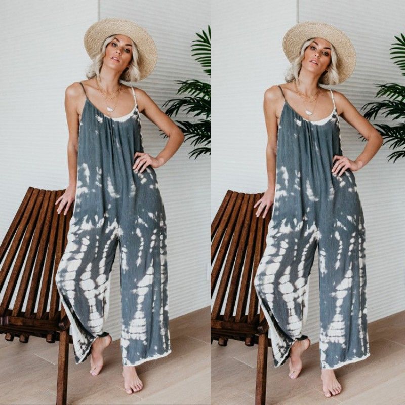 Wish express 2019 Europe and America cross border summer popular loose suspender fade printing one-piece pants for women