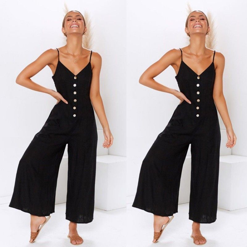 Wish express 2019 Europe and America cross border summer new sexy suspender button decoration solid color Jumpsuit female