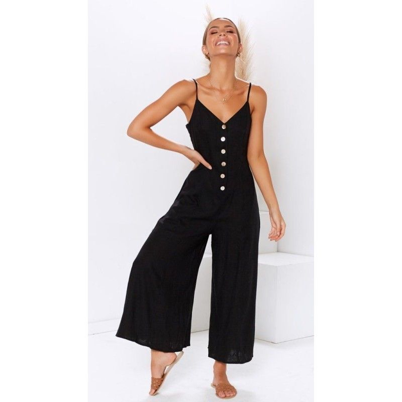 Wish express 2019 Europe and America cross border summer new sexy suspender button decoration solid color Jumpsuit female