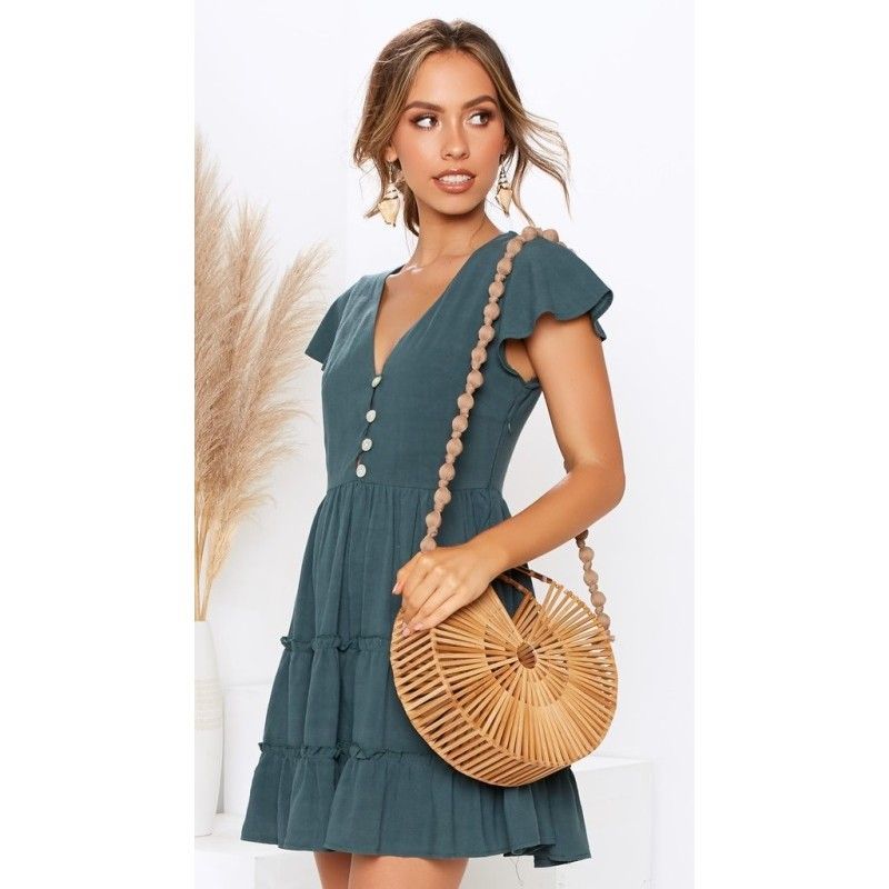 EBay express 2019 Europe and America Summer cross border new sexy V-neck button fold solid color dress