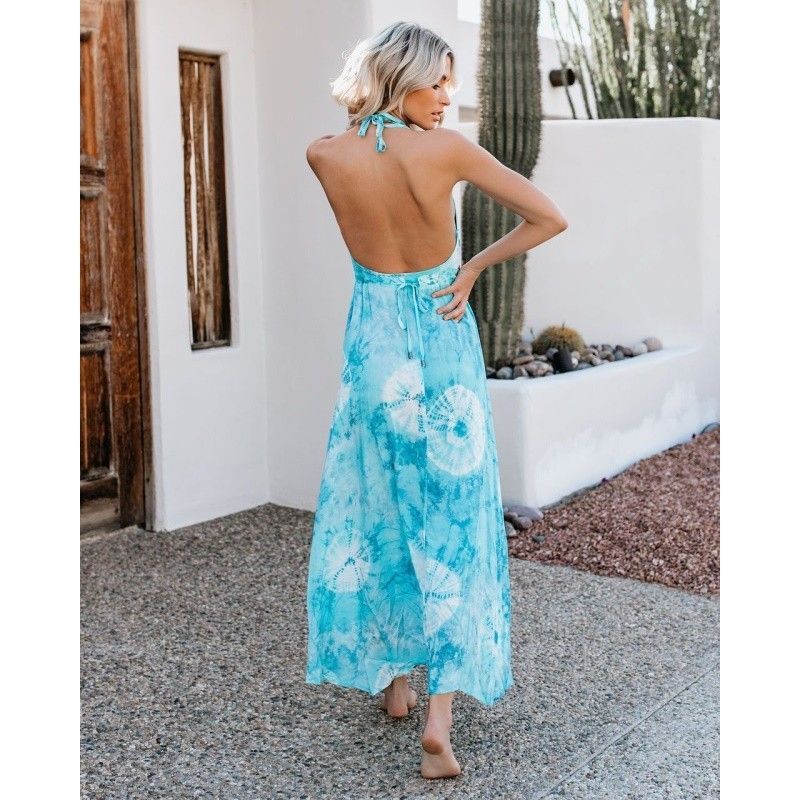 Wish express 2019 Europe and America cross border summer new sexy open back Halter tie printed dress female