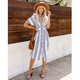 EBay quick sale Amazon foreign trade 2019 new European and American summer button stripe bat sleeve dress