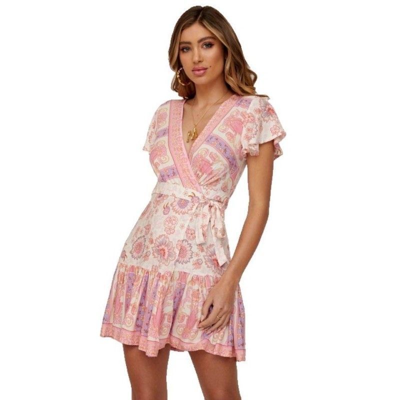 EBay Amazon 2019 summer sexy European and American women's short sleeve V-neck Ruffle Skirt Printed Dress