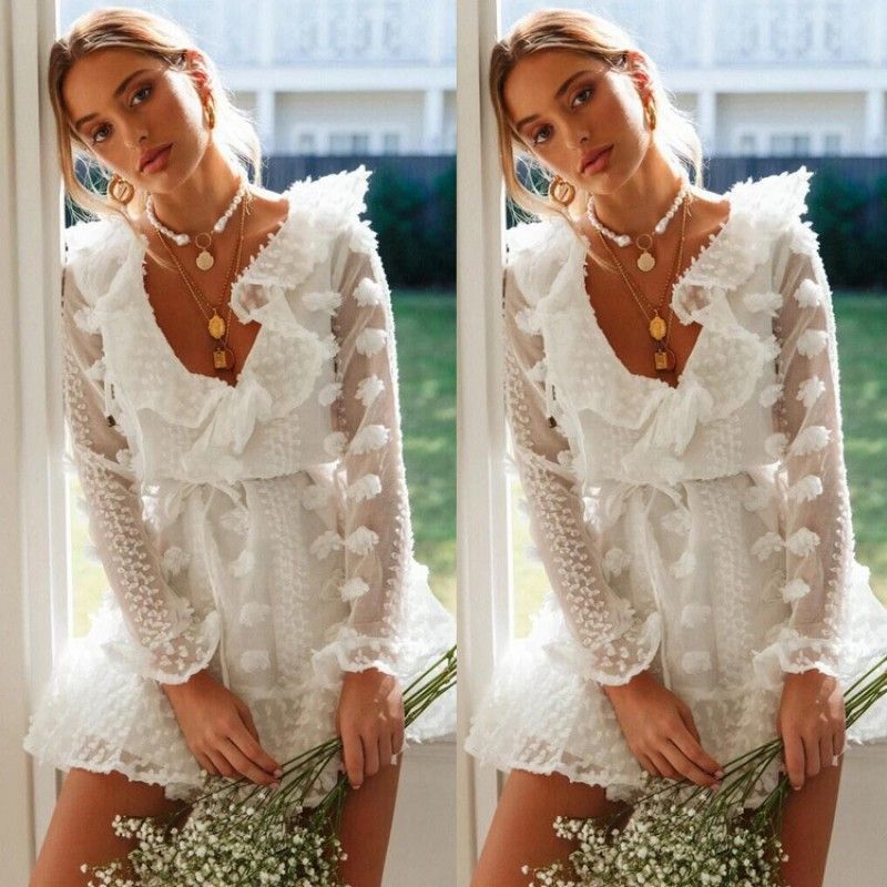 EBay express 2019 Europe and America autumn new sexy perspective V-neck lace long sleeve dress woman
