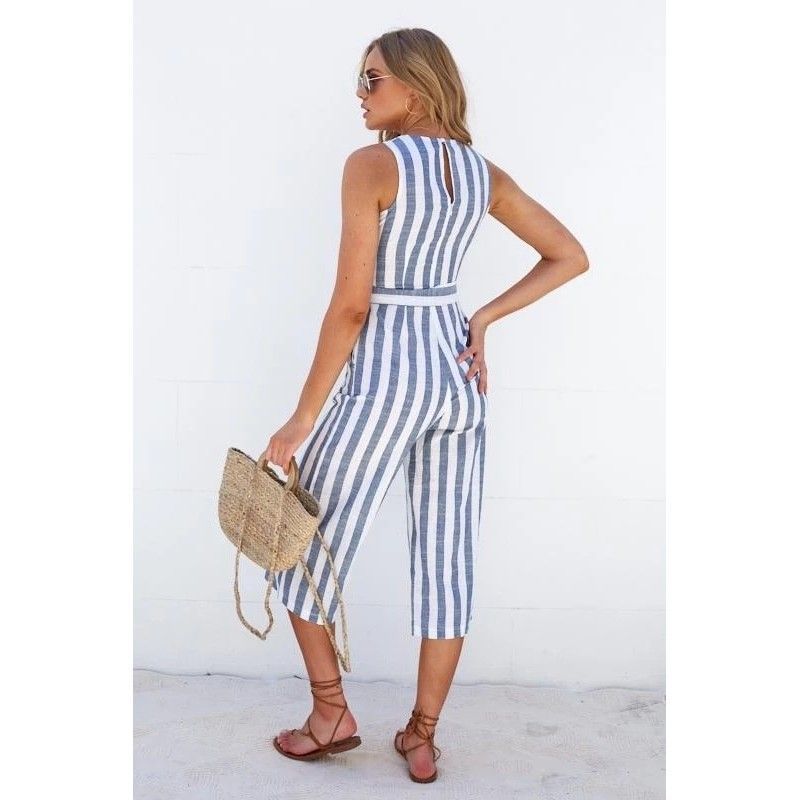 Wish fast selling 2020 Europe and the United States new summer bandage sleeveless striped one-piece pants wholesale women