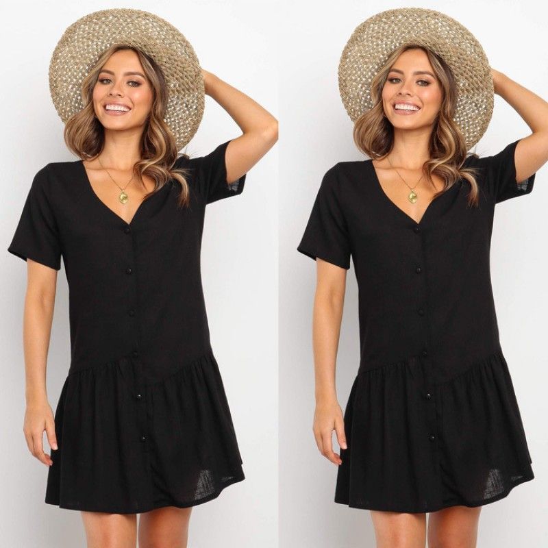 EBay sells through 2020 cross-border European and American summer new button decoration short sleeve color dress wholesale female