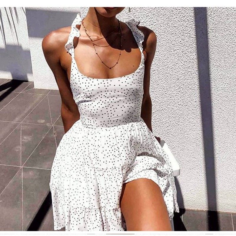 Spot quick sale 2020 new European and American dot Ruffle open back sexy lace up beach skirt dress female