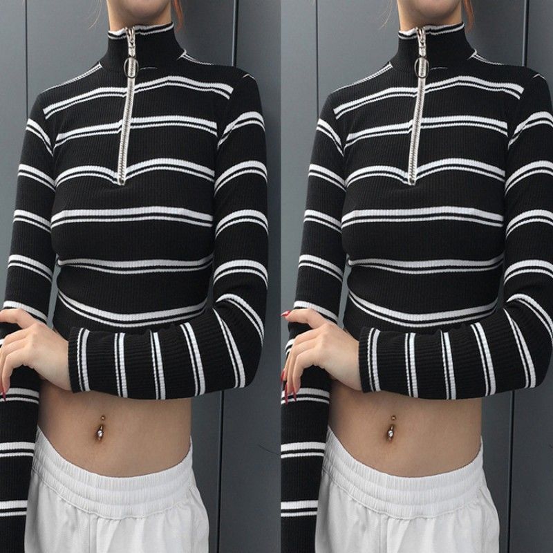 EBay Amazon 2017 European and American fashion high neck zipper long sleeve stripe super short top women