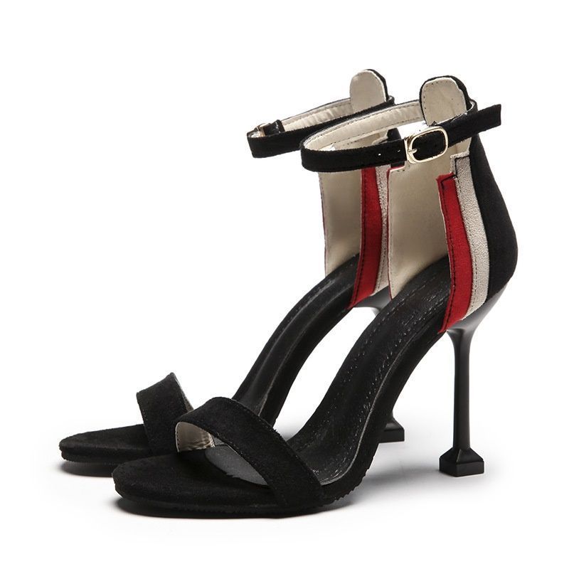 2018 new all-in-one buckle stiletto sandals black high heels frosted all-in-one open toe women's shoes summer