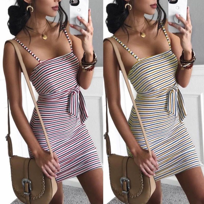 EBay Amazon 2018 cross border European and American fashion sling color stripe dress women's two colors
