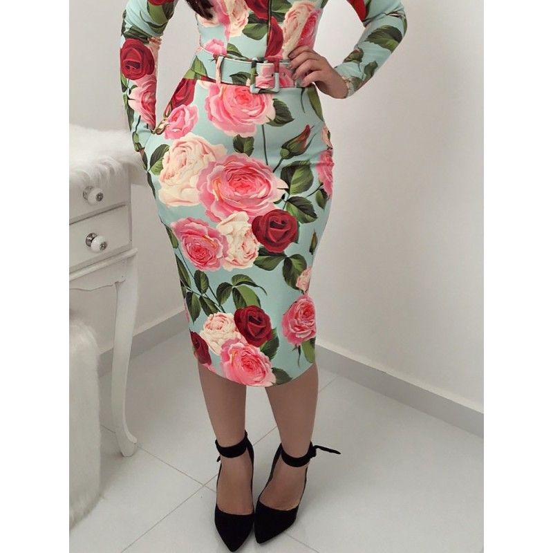 Foreign trade wise Amazon 2018 European and American popular round neck printing bag hip long sleeve dress female