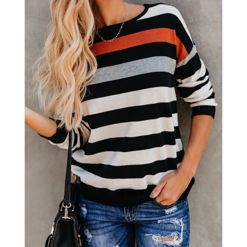 Foreign trade wish express 2018 European and American hot autumn sleeve splicing stripe all-around top female