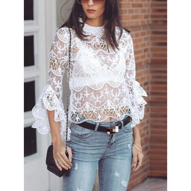 Wish Amazon 2018 cross border European and American popular fashion hollow perspective lace trumpet sleeve top women