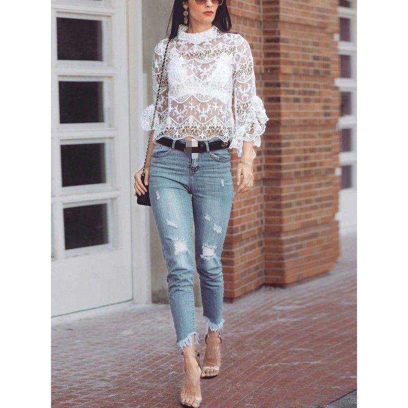 Wish Amazon 2018 cross border European and American popular fashion hollow perspective lace trumpet sleeve top women
