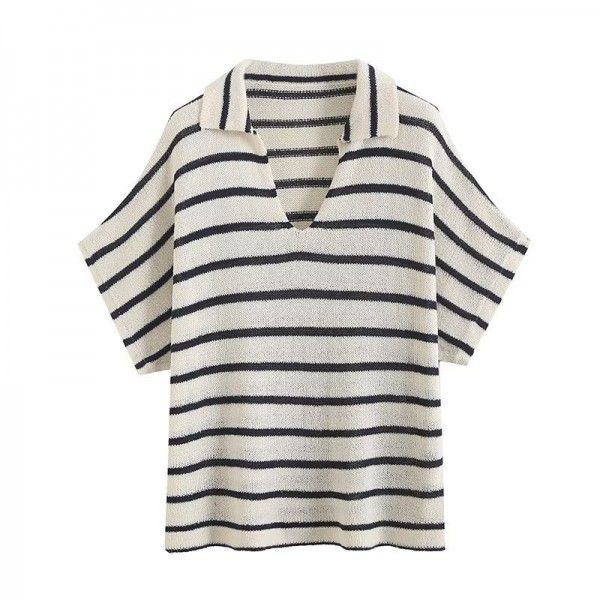Women's casual lazy style commuting stripe short sleeved POLO shirt