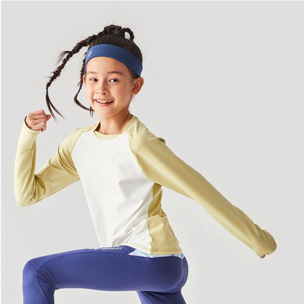 Autumn and Winter New Children's Yoga Suit Long Sleeve Finger Sleeve Contrast T-shirt Training Sports Running Tight Fitness Top Women 