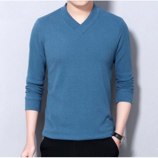 Men's double-sided velvet T-shirt, men's sweater, long sleeved V-neck, large size base coat, spring and autumn new solid color matte top