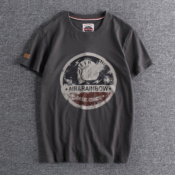 New Washed Brushed Skeleton Head Printing Foreign Trade Retro Round Neck Short Sleeve T-shirt Men's Half Sleeve T