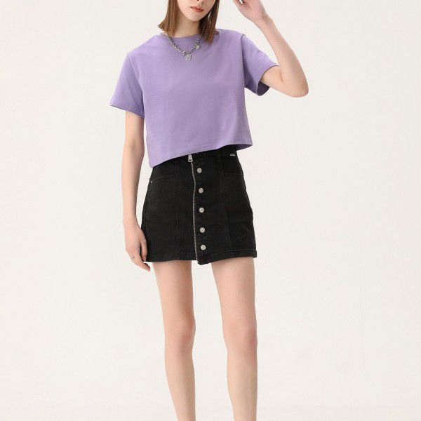 Short cut navel exposed short sleeved t-shirt for women Spring/Summer new niche short cut t-shirt made of pure cotton